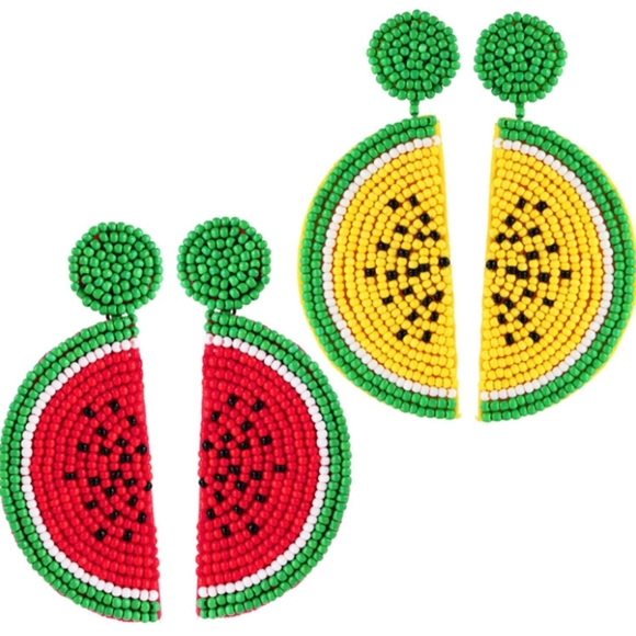 Long 3" Watermelon Slices Cute Handmade Green Red Beaded Post Festival Earrings - Picture 5 of 5